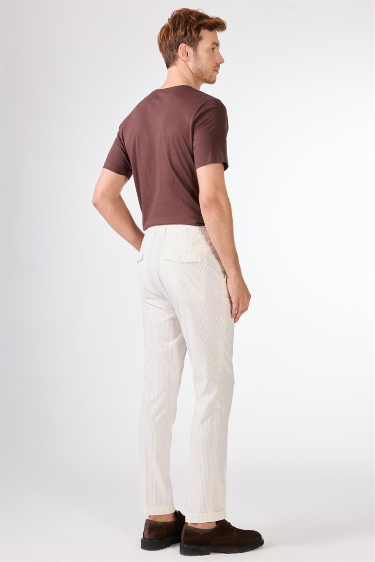 Bej Erkek Slim Fit Çizgili Pantolon 