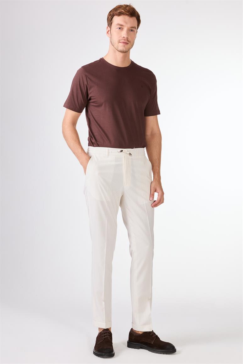 Bej Erkek Slim Fit Çizgili Pantolon 