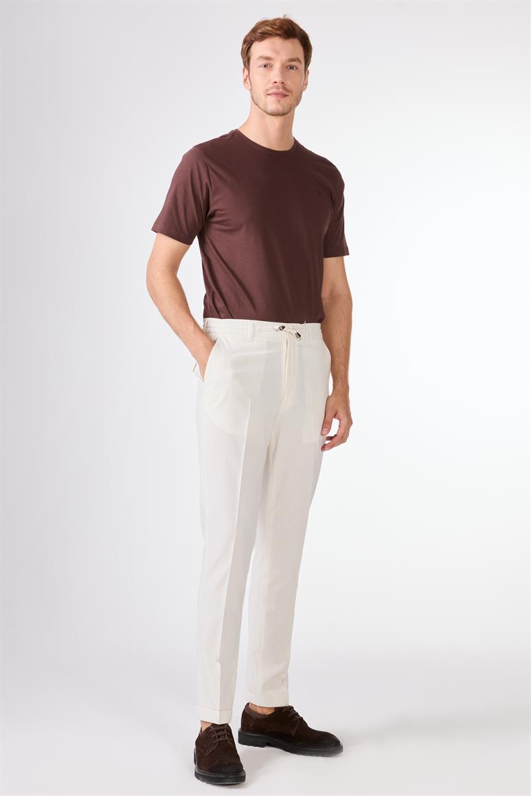 Bej Erkek Slim Fit Çizgili Pantolon 