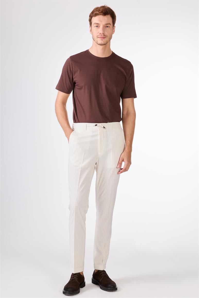 Bej Erkek Slim Fit Çizgili Pantolon 