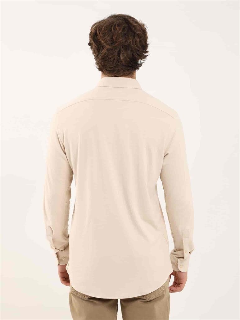Bej Erkek Slim Fit Düz Klasik Yaka Uzun Kol Gömlek 