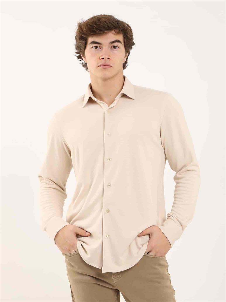 Bej Erkek Slim Fit Düz Klasik Yaka Uzun Kol Gömlek 