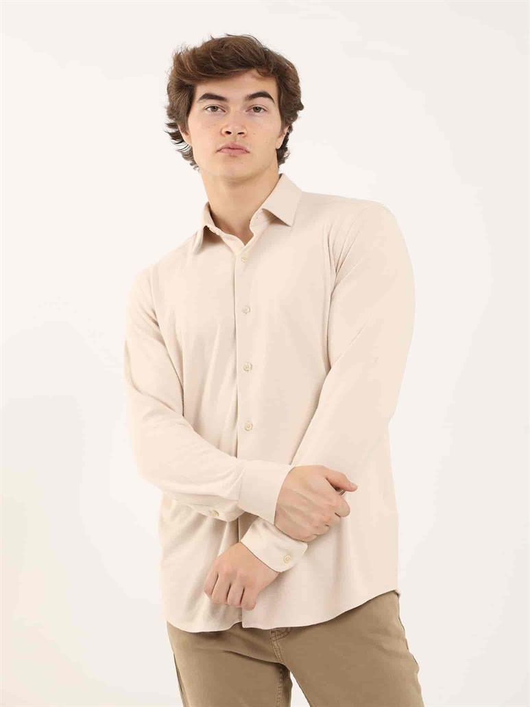 Bej Erkek Slim Fit Düz Klasik Yaka Uzun Kol Gömlek 