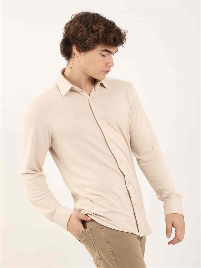 Bej Erkek Slim Fit Düz Klasik Yaka Uzun Kol Gömlek 
