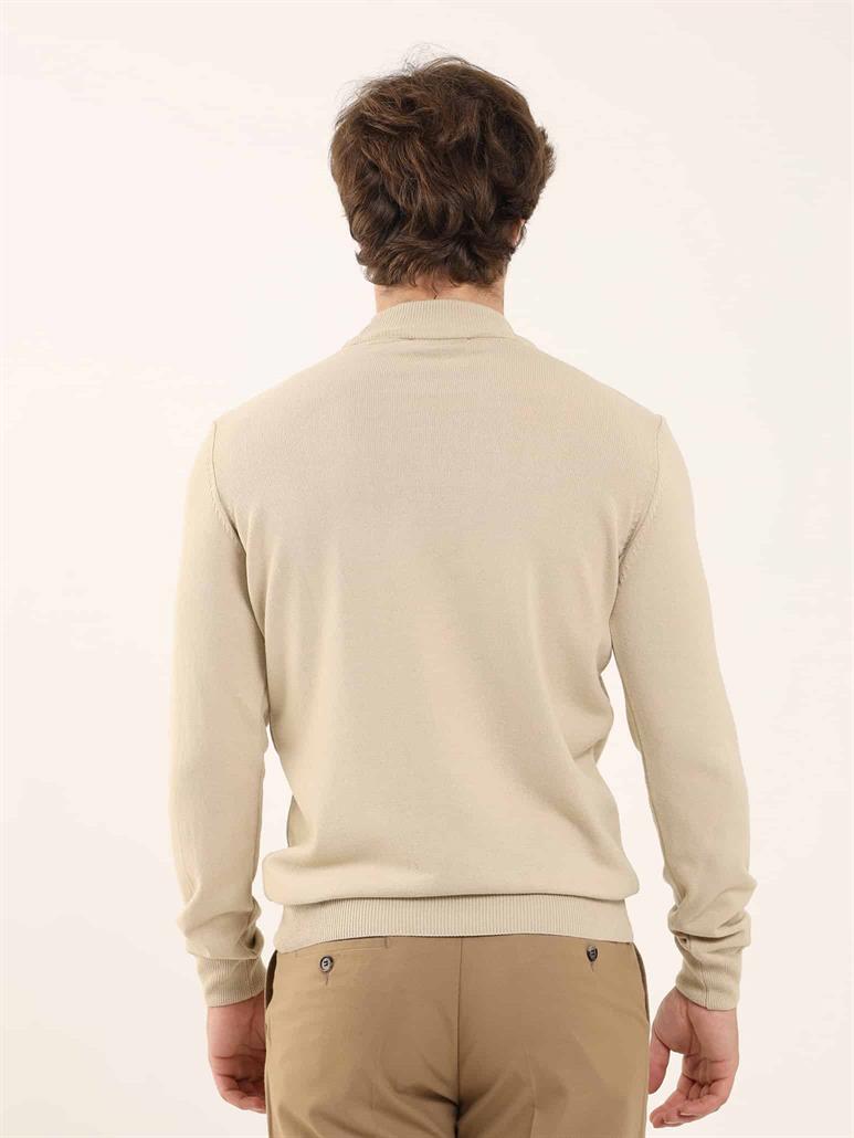 Bej Erkek Slim Fit Düz Klasik Yarım Balıkçı Yaka Triko 