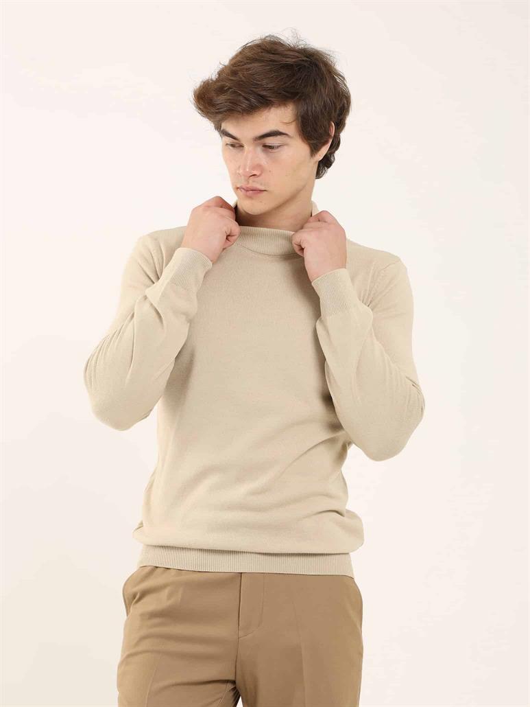 Bej Erkek Slim Fit Düz Klasik Yarım Balıkçı Yaka Triko 