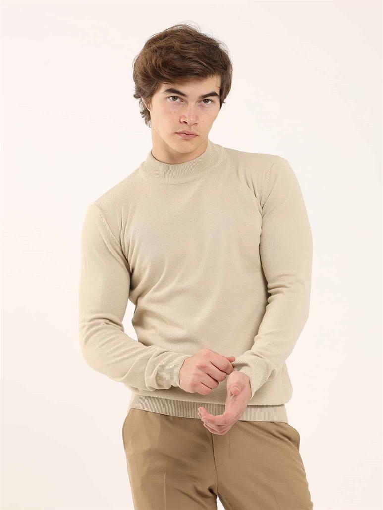 Bej Erkek Slim Fit Düz Klasik Yarım Balıkçı Yaka Triko 