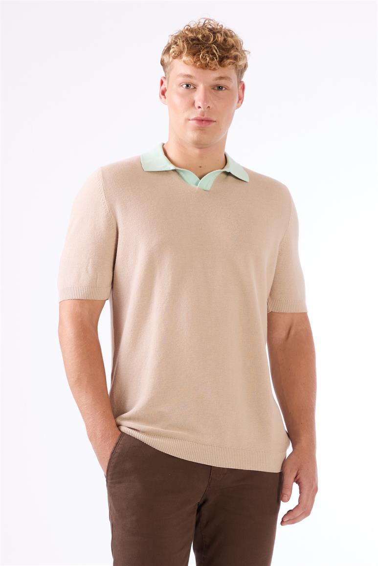  Bej Erkek Slim Fit Düz Polo Yaka Triko 