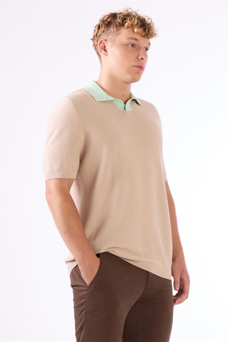  Bej Erkek Slim Fit Düz Polo Yaka Triko 