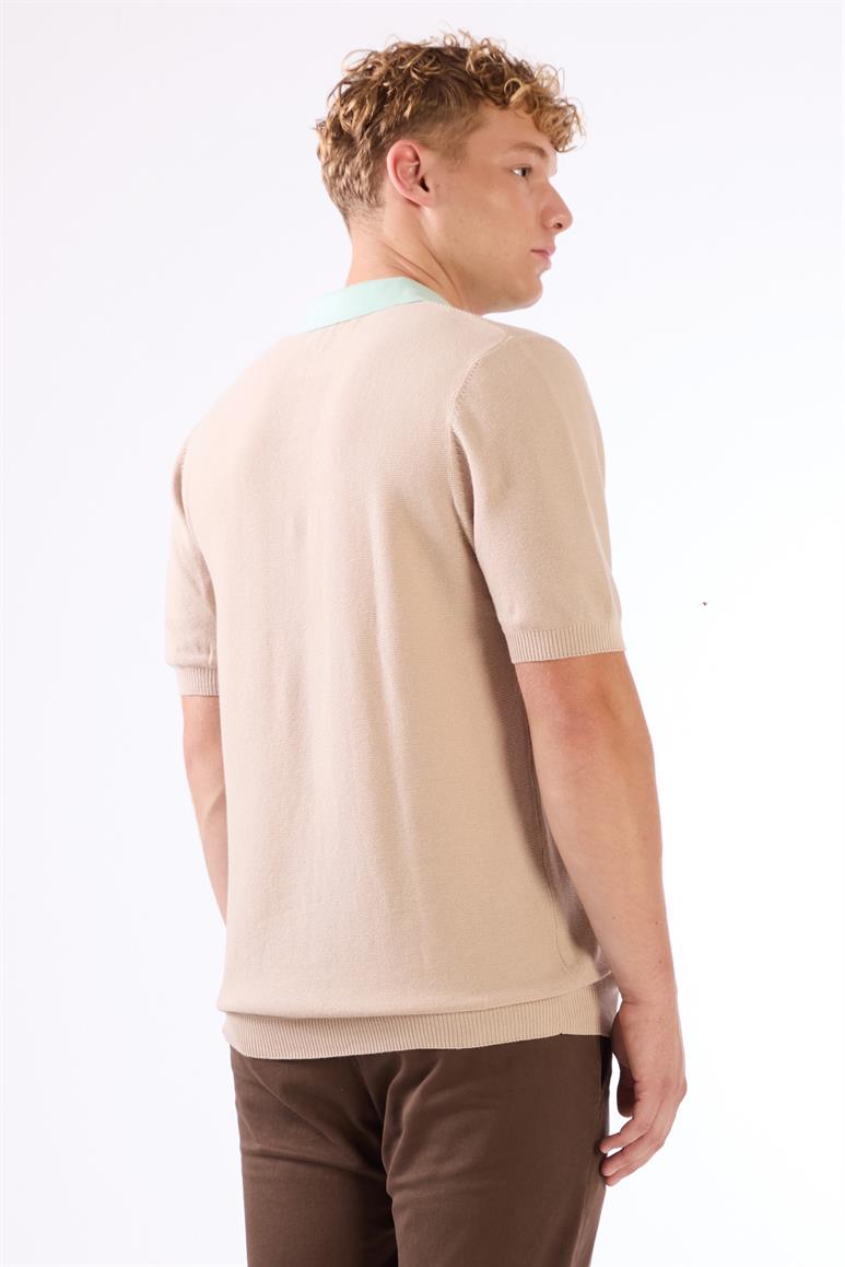  Bej Erkek Slim Fit Düz Polo Yaka Triko 