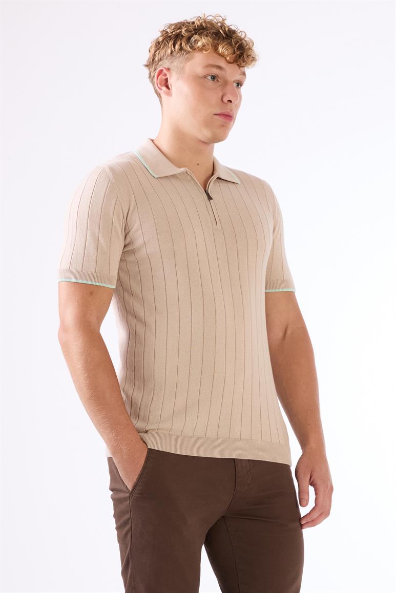 Dufy Bej Erkek Slim Fit Fitilli Fermuarlı Polo Yaka Triko - 104616