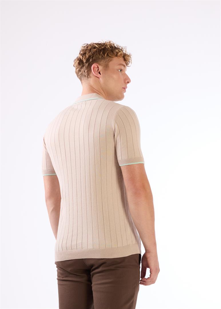Dufy Bej Erkek Slim Fit Fitilli Fermuarlı Polo Yaka Triko - 104616