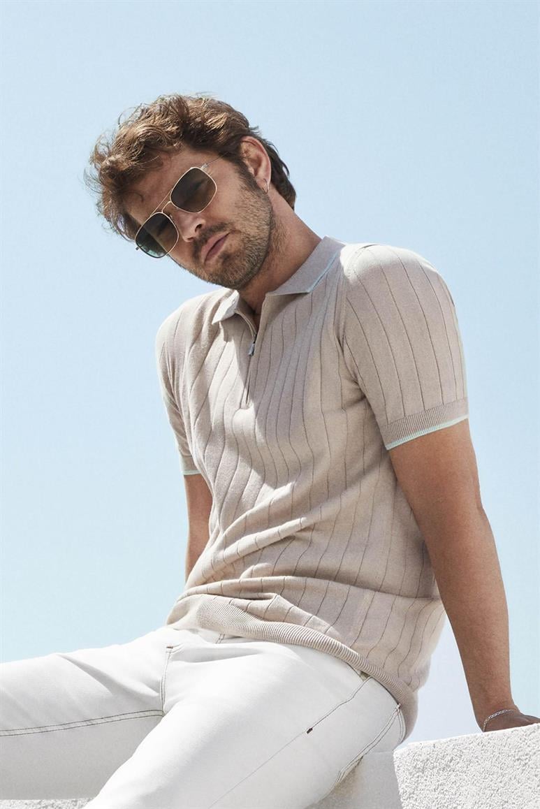 Dufy Bej Erkek Slim Fit Fitilli Fermuarlı Polo Yaka Triko - 104616