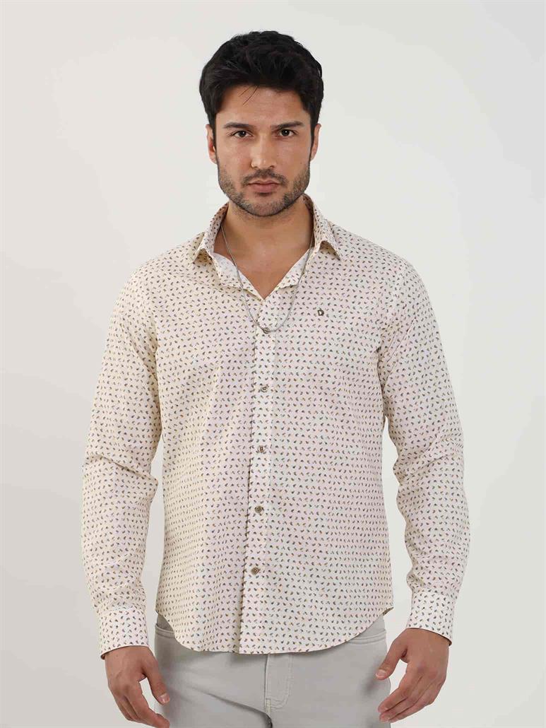 Bej Erkek Slim Fit Kareli Brent Yaka Uzun Kol Gömlek 