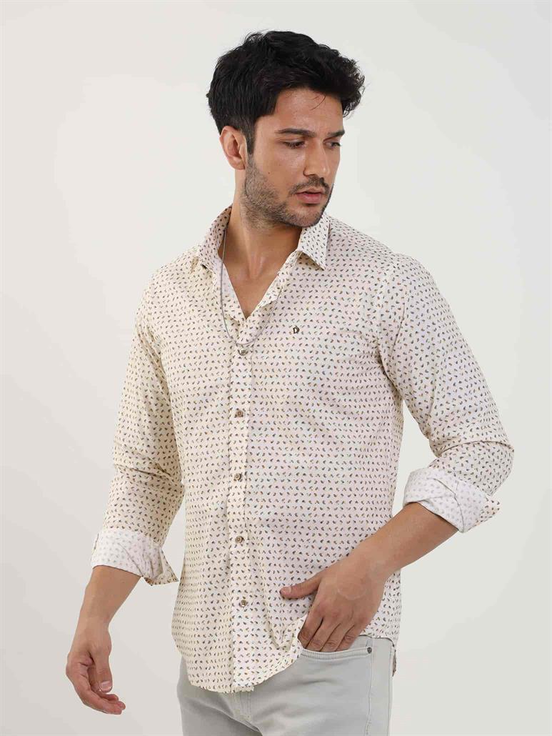 Bej Erkek Slim Fit Kareli Brent Yaka Uzun Kol Gömlek 