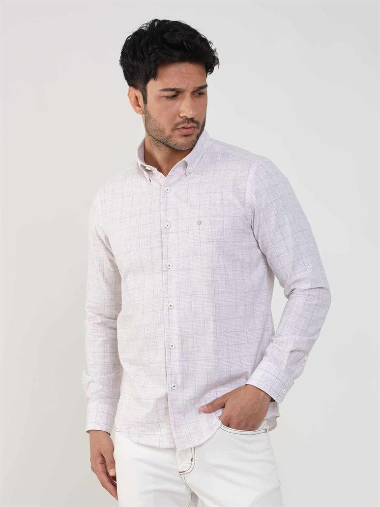 Bej Erkek Slim Fit Kareli Düğmeli Yaka Uzun Kol Gömlek 