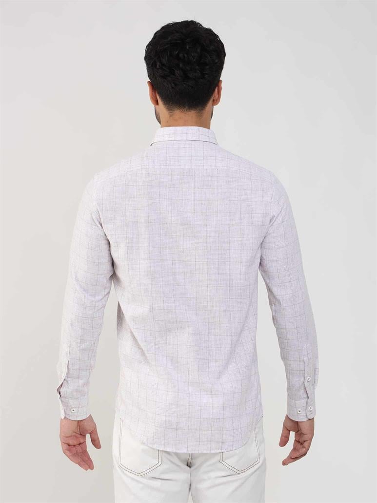 Bej Erkek Slim Fit Kareli Düğmeli Yaka Uzun Kol Gömlek 