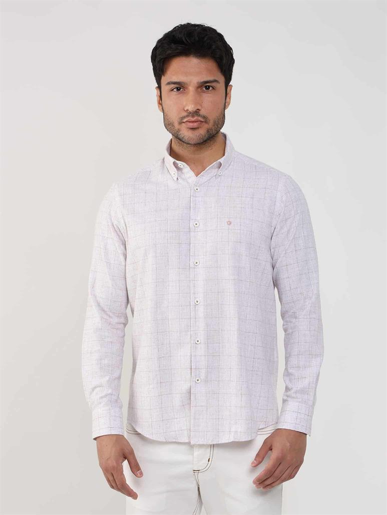 Bej Erkek Slim Fit Kareli Düğmeli Yaka Uzun Kol Gömlek 