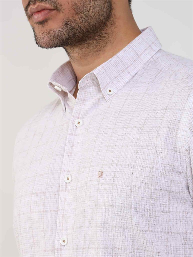 Bej Erkek Slim Fit Kareli Düğmeli Yaka Uzun Kol Gömlek 