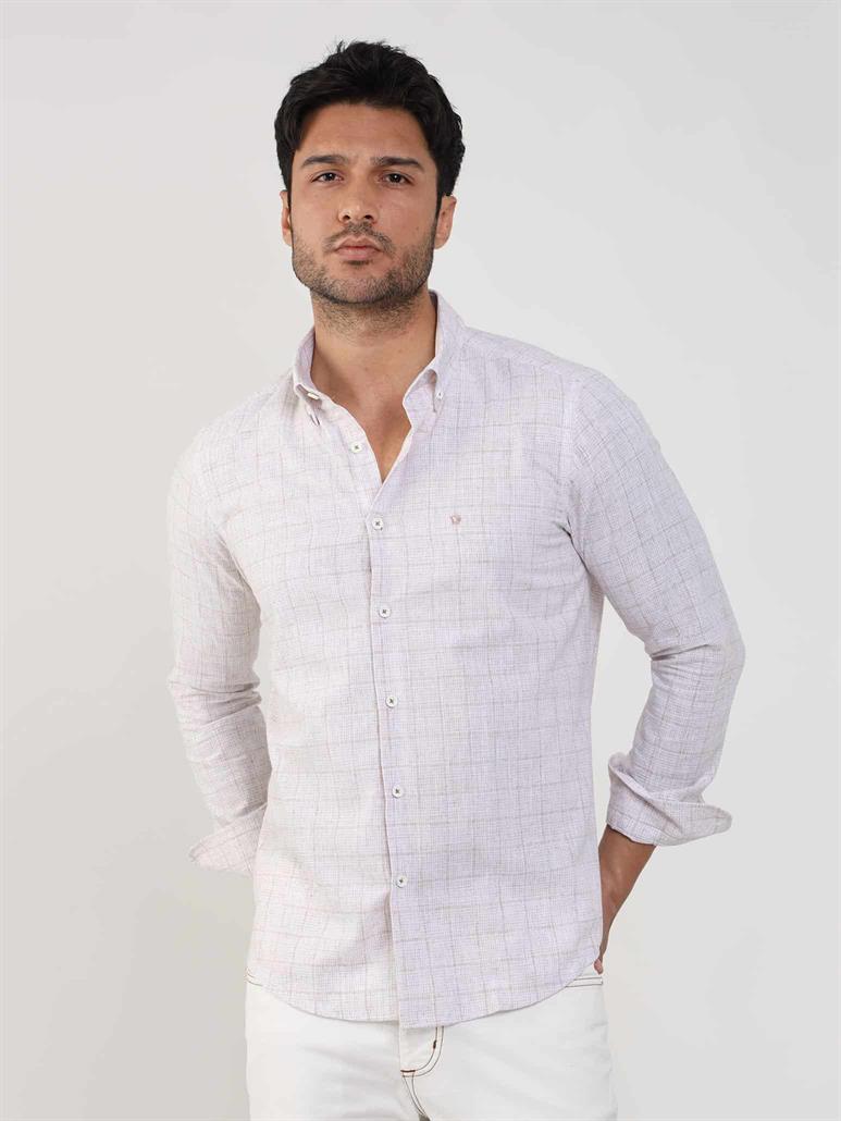 Bej Erkek Slim Fit Kareli Düğmeli Yaka Uzun Kol Gömlek 