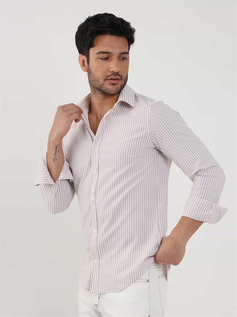 Bej Erkek Slim Fit Çizgili Klasik Yaka Uzun Kol Gömlek - 107438