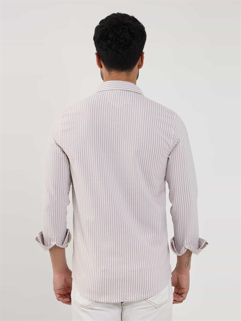 Bej Erkek Slim Fit Çizgili Klasik Yaka Uzun Kol Gömlek - 107438