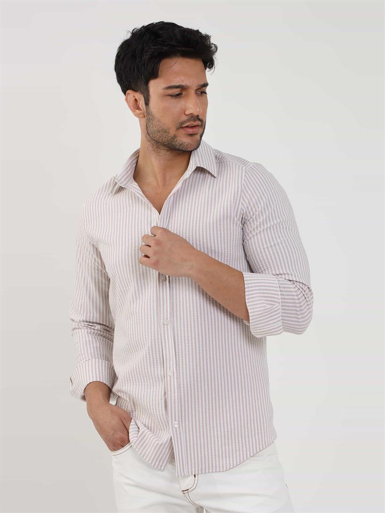 Bej Erkek Slim Fit Çizgili Klasik Yaka Uzun Kol Gömlek - 107438