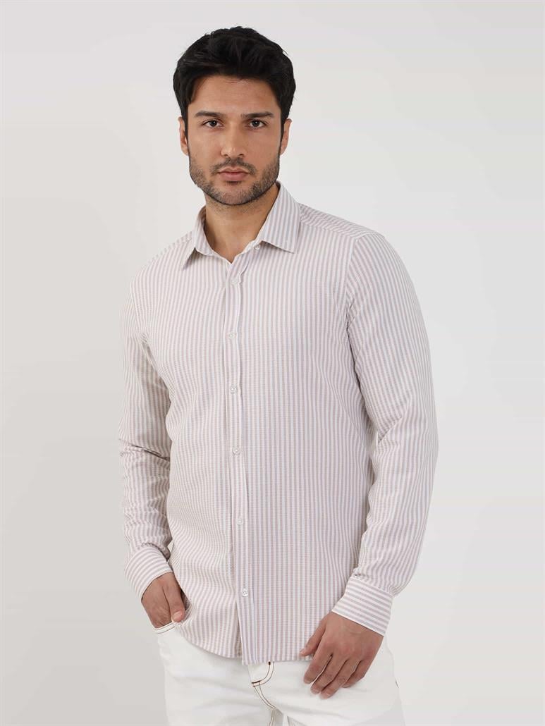 Bej Erkek Slim Fit Çizgili Klasik Yaka Uzun Kol Gömlek - 107438