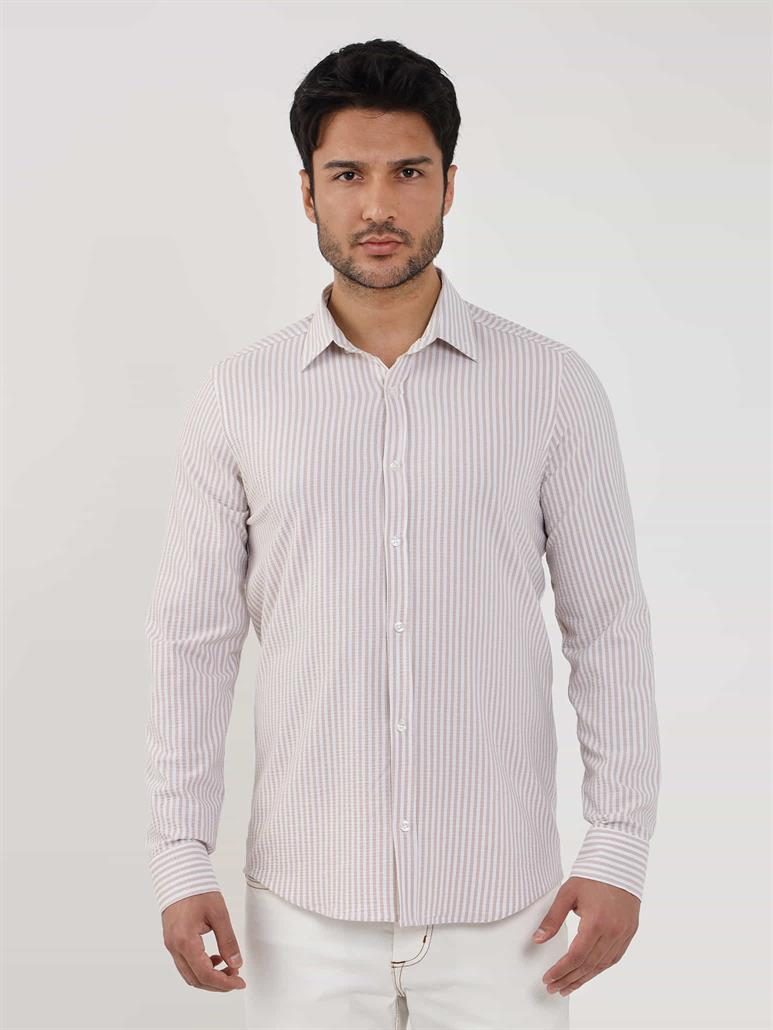 Bej Erkek Slim Fit Çizgili Klasik Yaka Uzun Kol Gömlek - 107438