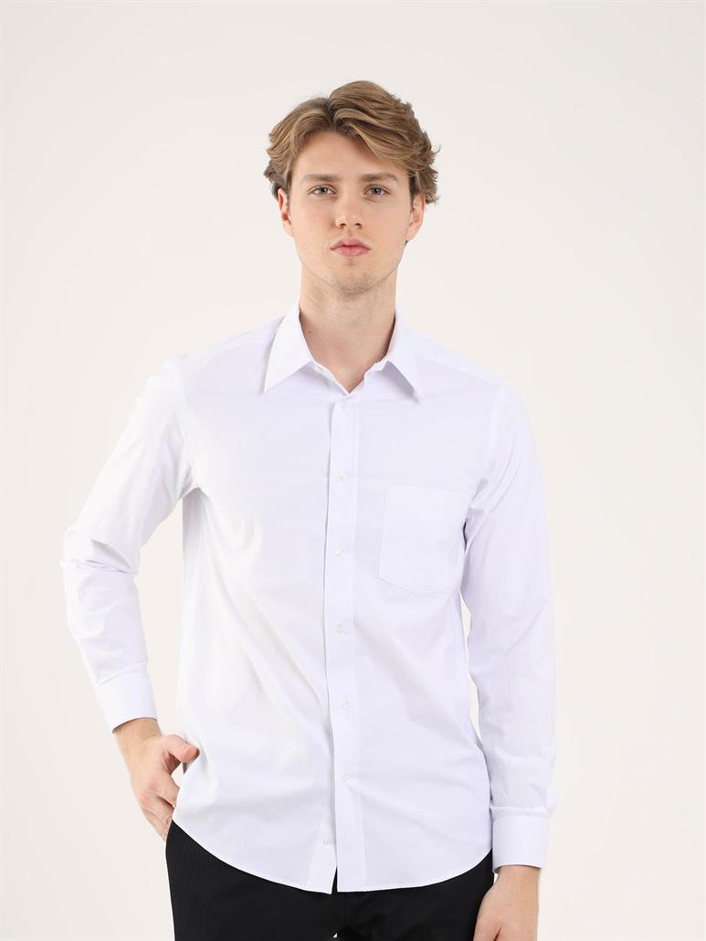 Beyaz Erkek Büyük Beden Düz Brent Yaka Uzun Kol Gömlek 