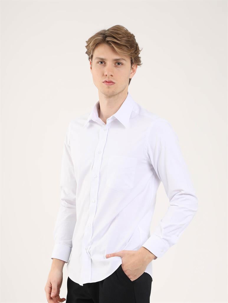 Beyaz Erkek Büyük Beden Düz Brent Yaka Uzun Kol Gömlek 