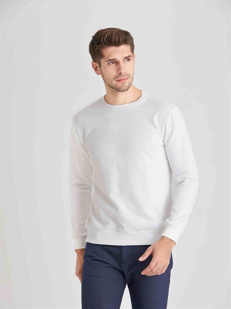 Beyaz Erkek Regular Fit Düz Casual Yuvarlak Yaka Sweatshirt 