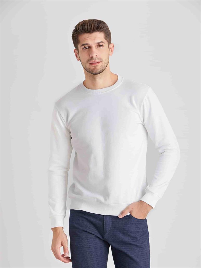 Beyaz Erkek Regular Fit Düz Casual Yuvarlak Yaka Sweatshirt 