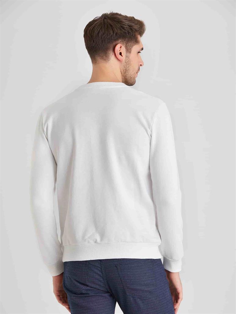 Beyaz Erkek Regular Fit Düz Casual Yuvarlak Yaka Sweatshirt 