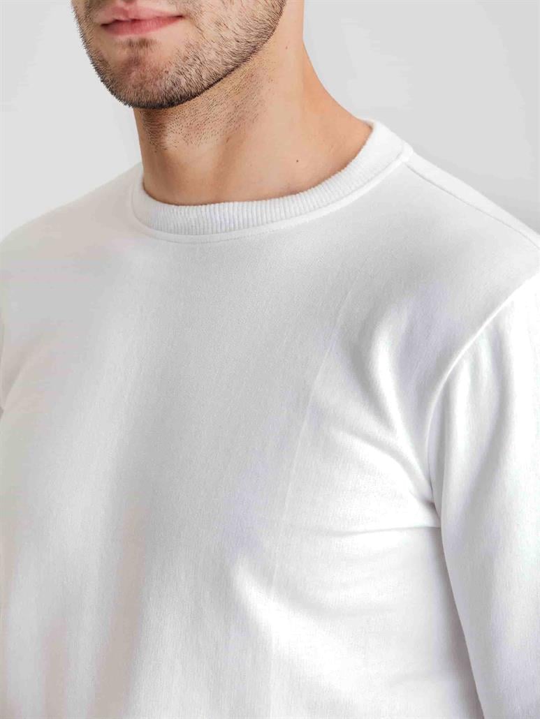 Beyaz Erkek Regular Fit Düz Casual Yuvarlak Yaka Sweatshirt 