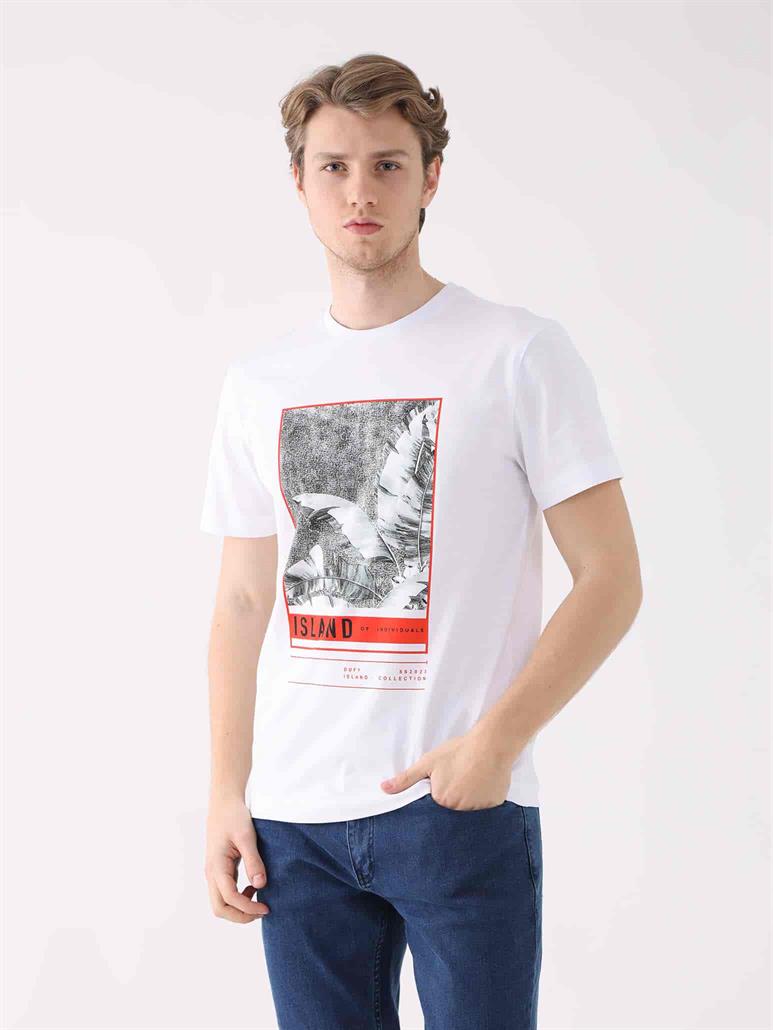 Beyaz Erkek Regular Fit Baskılı Casual O Yaka T-shirt 