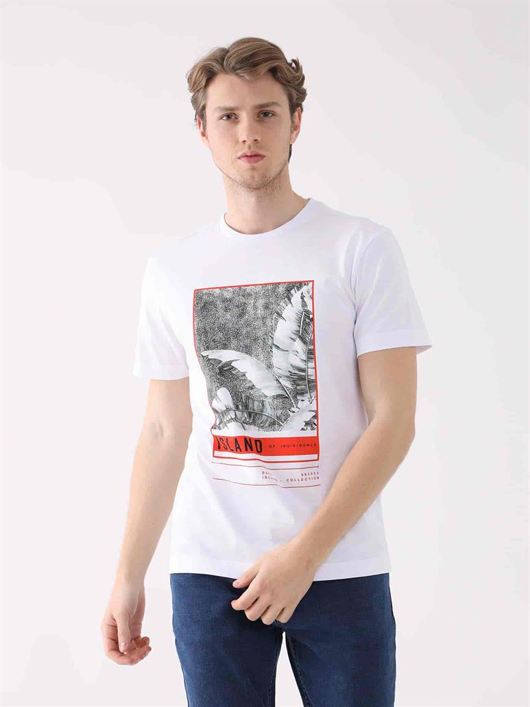 Beyaz Erkek Regular Fit Baskılı Casual O Yaka T-shirt 