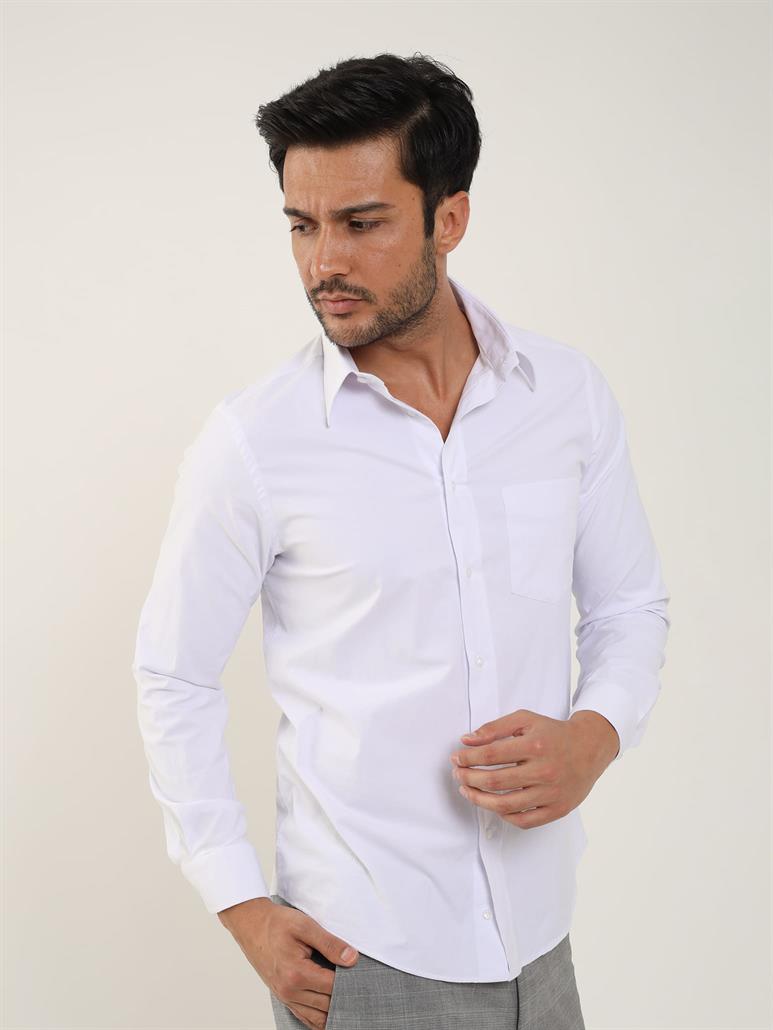 Beyaz Erkek Regular Fit Düz Brent Yaka Uzun Kol Gömlek 