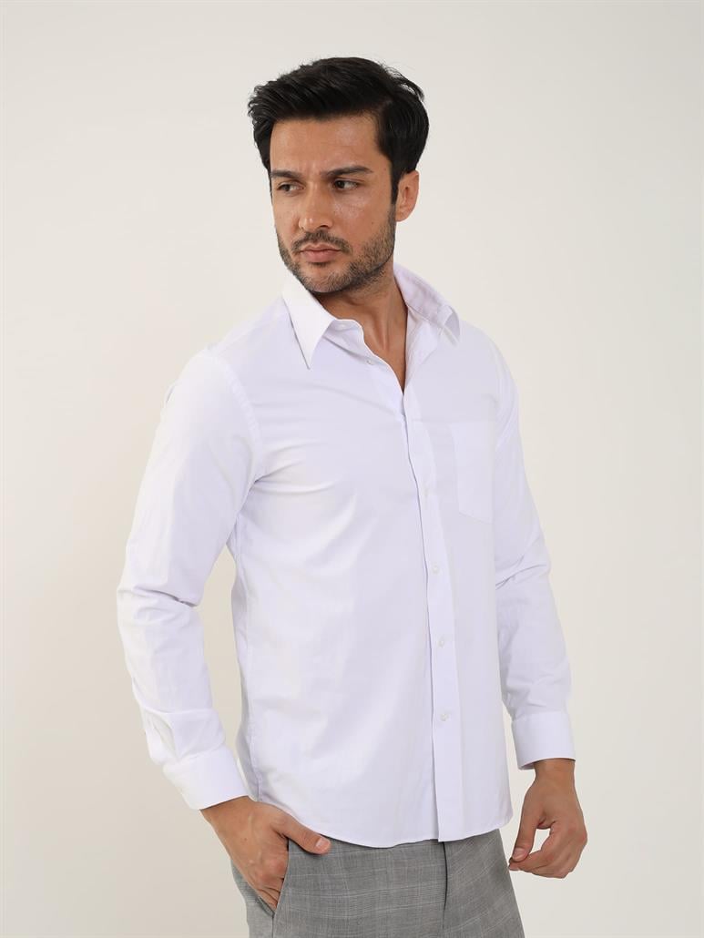 Beyaz Erkek Regular Fit Düz Brent Yaka Uzun Kol Gömlek 