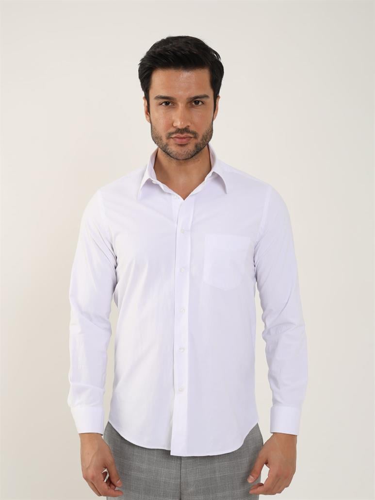 Beyaz Erkek Regular Fit Düz Brent Yaka Uzun Kol Gömlek 