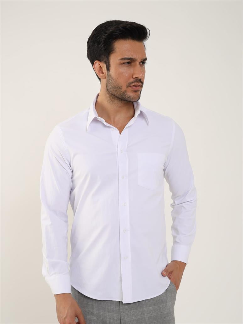 Beyaz Erkek Regular Fit Düz Brent Yaka Uzun Kol Gömlek 