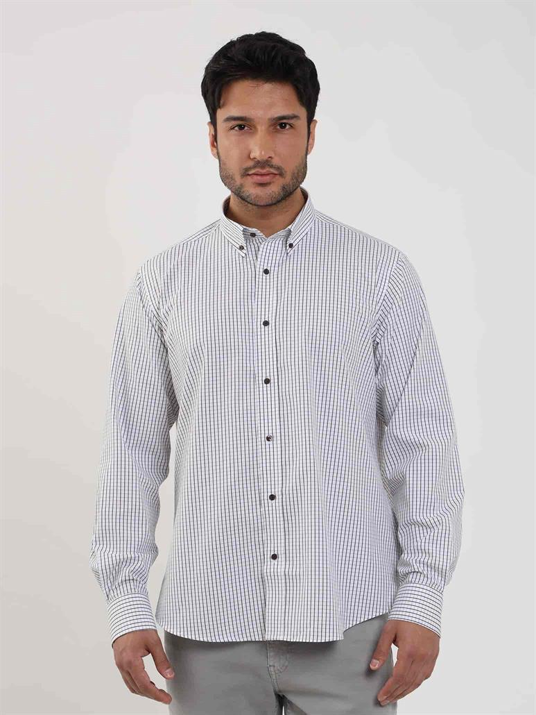 Beyaz Erkek Regular Fit Kareli Düğmeli Yaka Uzun Kol Gömlek 