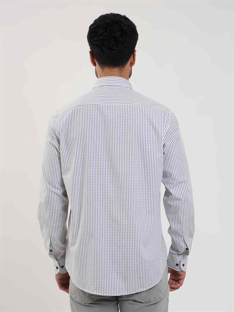 Beyaz Erkek Regular Fit Kareli Düğmeli Yaka Uzun Kol Gömlek 