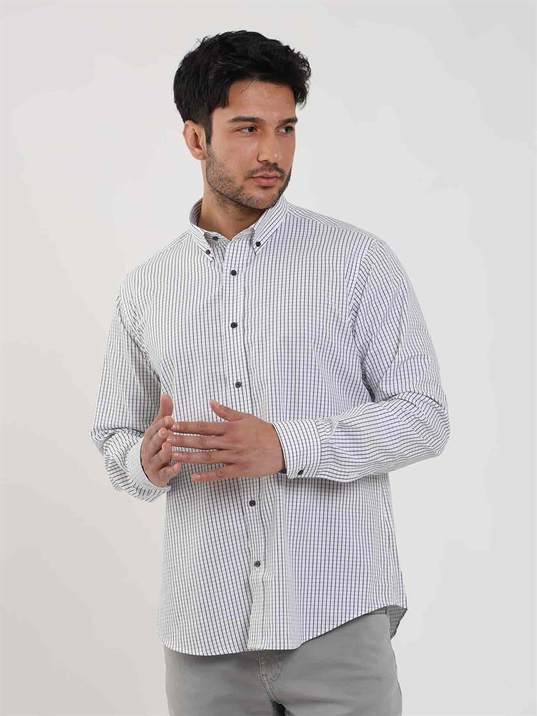 Beyaz Erkek Regular Fit Kareli Düğmeli Yaka Uzun Kol Gömlek 