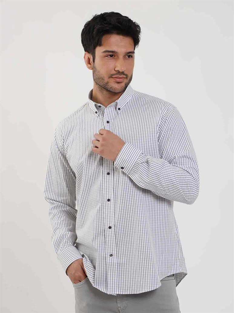 Beyaz Erkek Regular Fit Kareli Düğmeli Yaka Uzun Kol Gömlek 