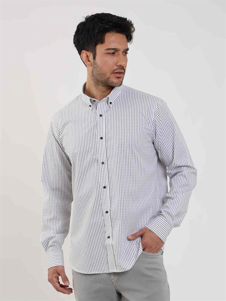 Beyaz Erkek Regular Fit Kareli Düğmeli Yaka Uzun Kol Gömlek 