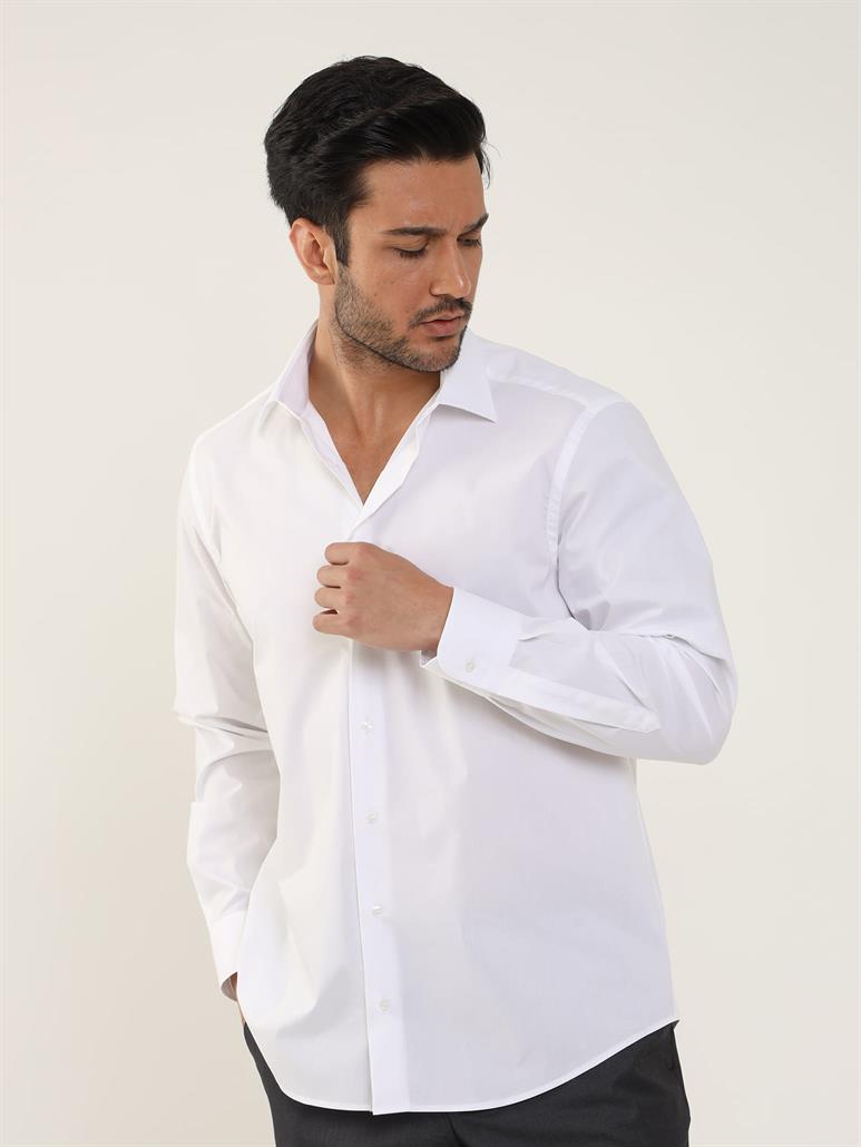 Beyaz Erkek Regular Fit Klasik Yaka Uzun Kol Gömlek 