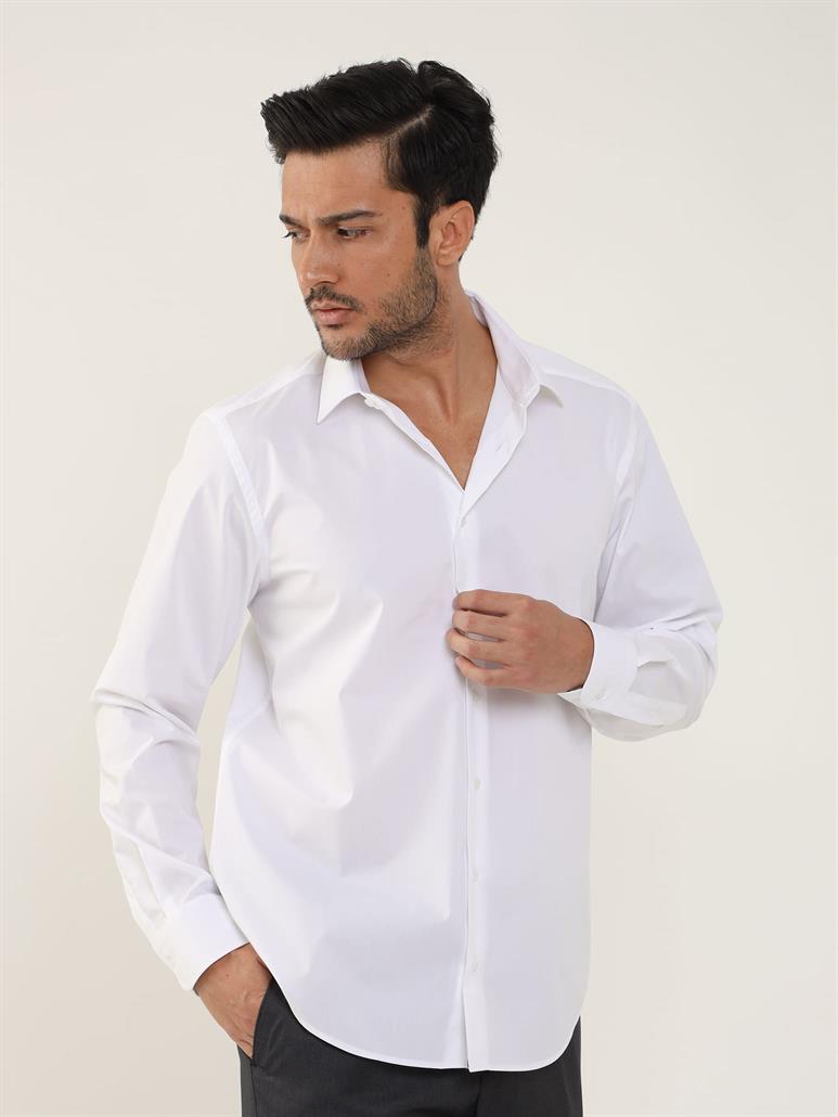 Beyaz Erkek Regular Fit Klasik Yaka Uzun Kol Gömlek 
