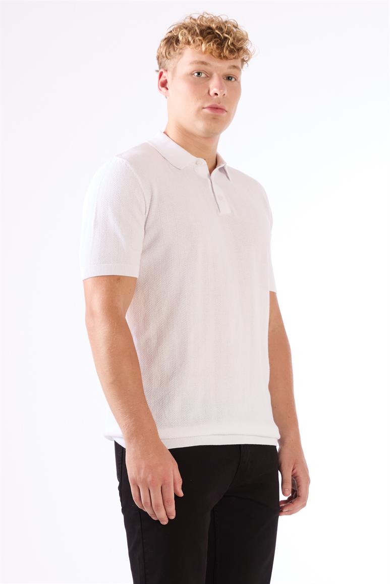  Beyaz Erkek Slim Fit Balıksırtı Desenli Polo Yaka Triko 