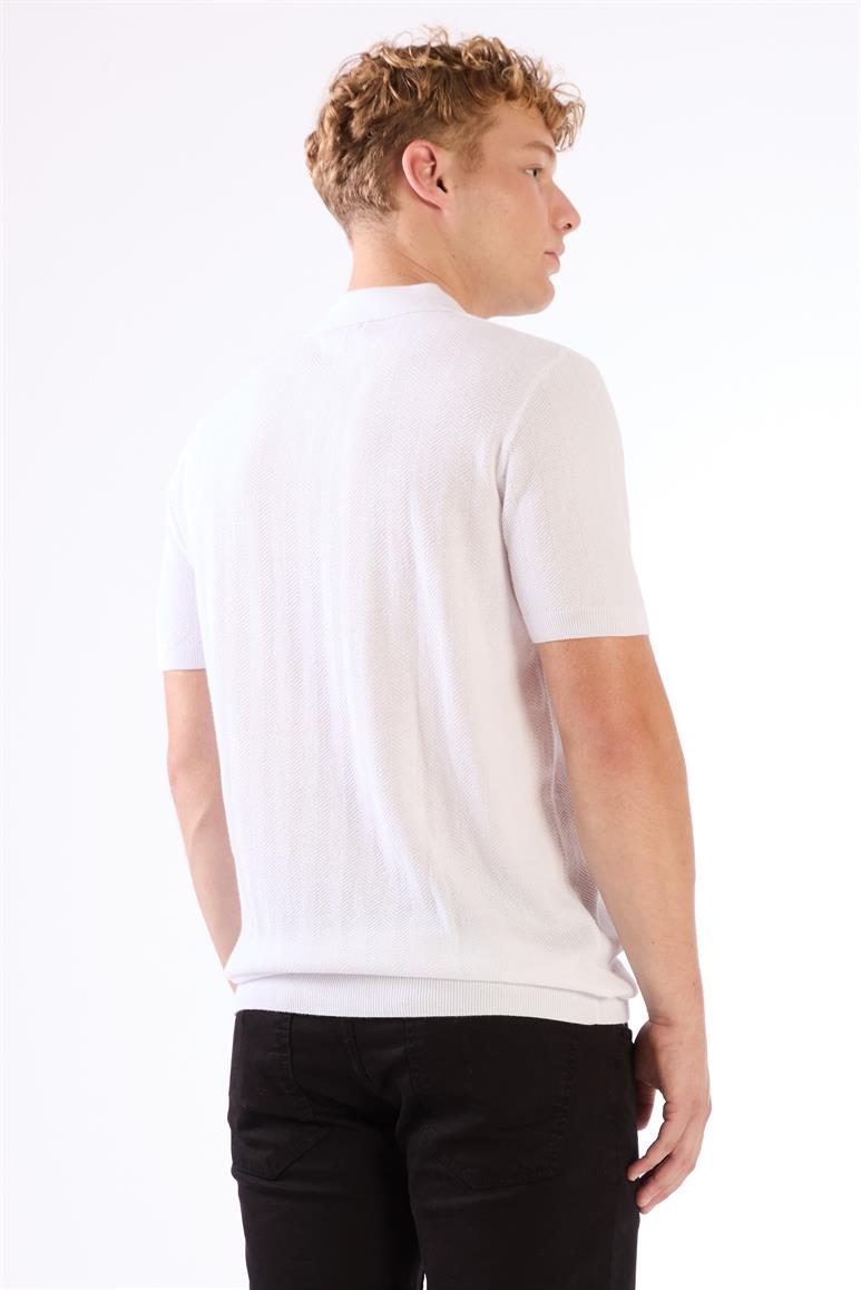 Beyaz Erkek Slim Fit Balıksırtı Desenli Polo Yaka Triko 
